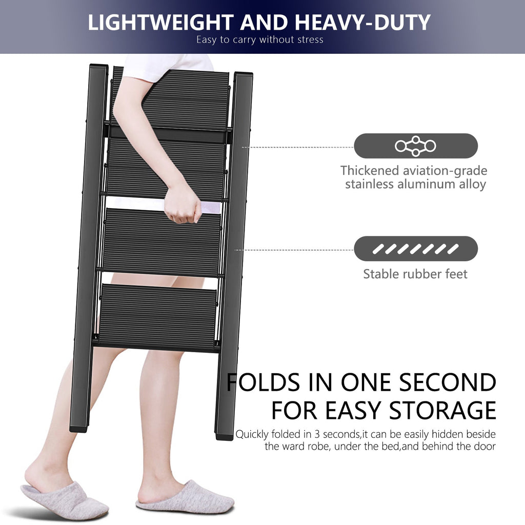 Netuera 4-Step Black Aluminum Step Stool with Wide Anti-Slip Pedal Folding Ladder Netuera