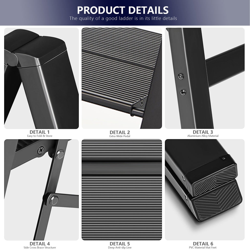 Netuera 4-Step Black Aluminum Step Stool with Wide Anti-Slip Pedal Folding Ladder Netuera