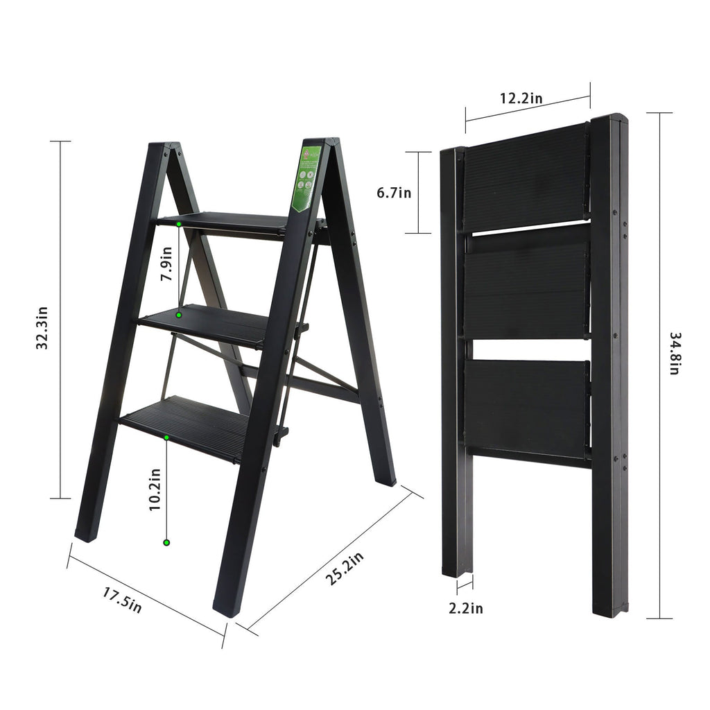 Netuera Aluminum Stool Step Ladder Sturdy Anti-Slip Portable Collapsible Stool 3-step Black Netuera